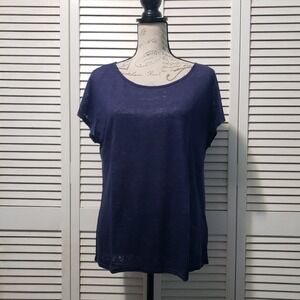 Tresics Linen Top Women's Large Navy Blue Sheer Crochet Lace Back High-Low Hem